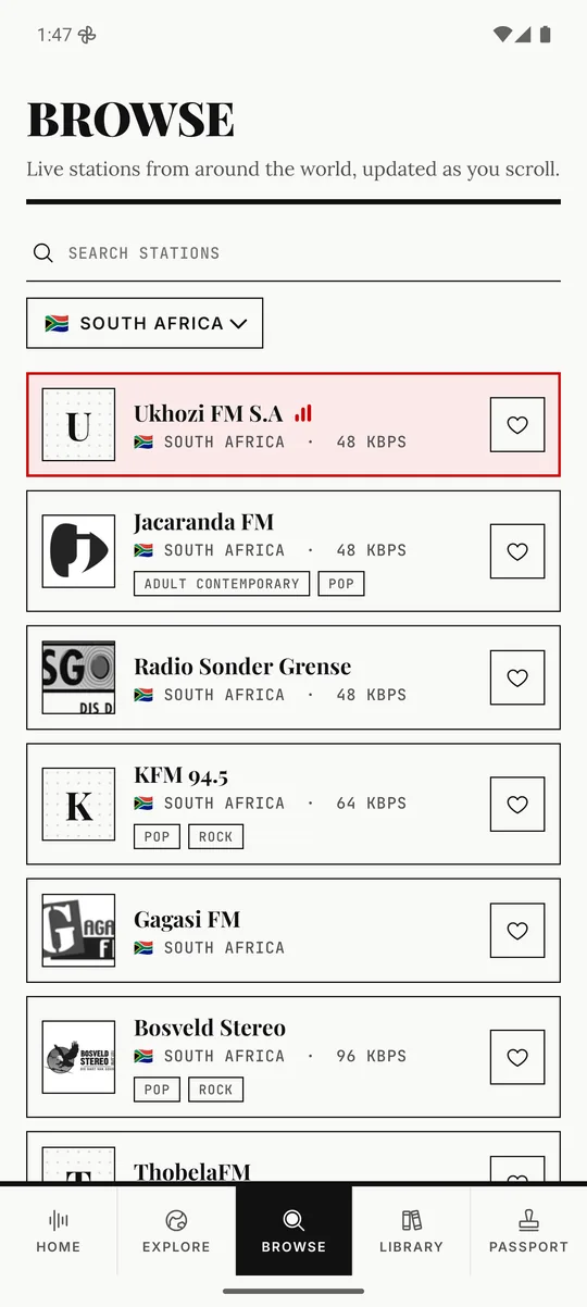 Browse: live stations by country with search