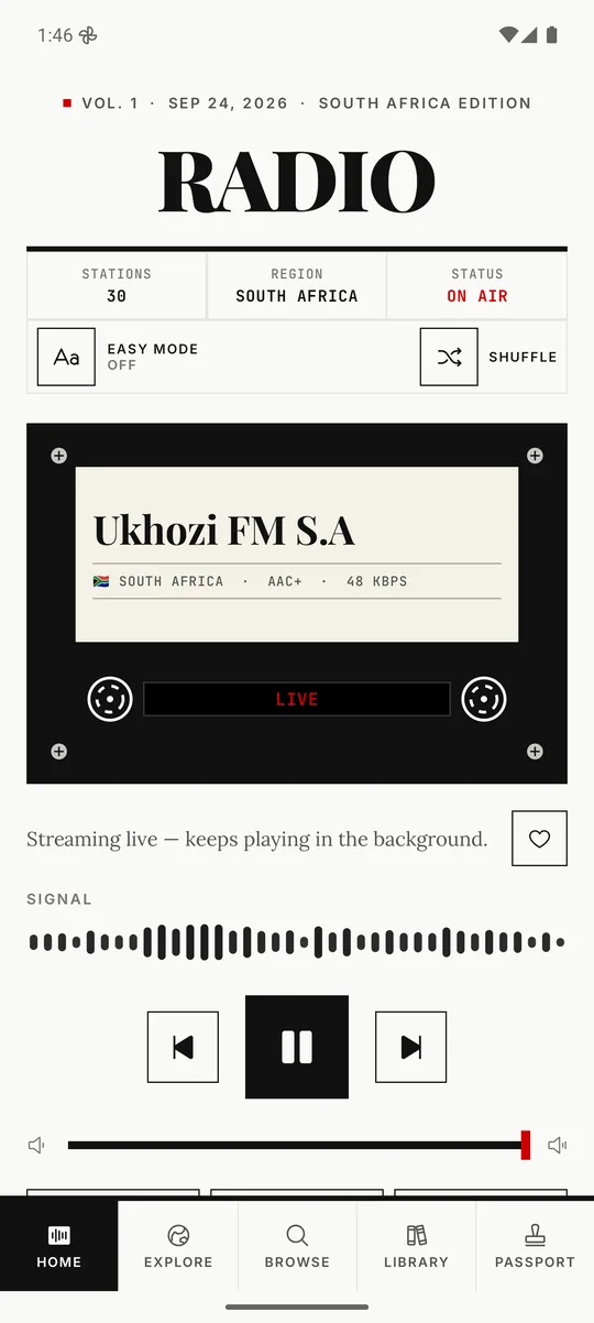 The Radio app playing Ukhozi FM on its cassette-deck player